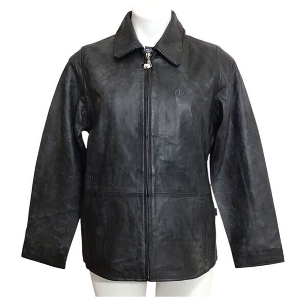 Black Leather Jacket Mercedes Logo New Size Small - Picture 2 of 16